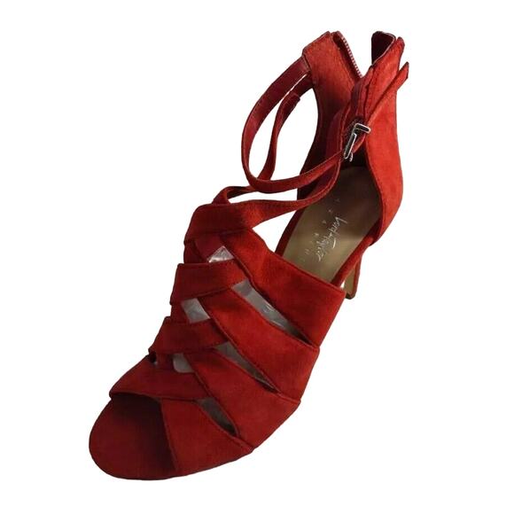 Lord & Taylor Womens Gema Strappy Heeled Sandals Red Suede Ankle Strap Zip 8.5 M - Picture 2 of 8